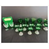 Set of Vintage Green Glass Goblets and Sherbet Dishes with Clear Patterned Bases