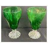 Set of Vintage Green Glass Goblets and Sherbet Dishes with Clear Patterned Bases