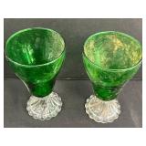 Set of Vintage Green Glass Goblets and Sherbet Dishes with Clear Patterned Bases