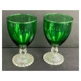 Set of Vintage Green Glass Goblets and Sherbet Dishes with Clear Patterned Bases
