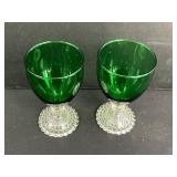 Set of Vintage Green Glass Goblets and Sherbet Dishes with Clear Patterned Bases