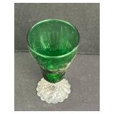 Set of Vintage Green Glass Goblets and Sherbet Dishes with Clear Patterned Bases