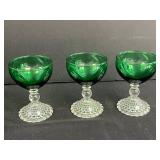 Set of Vintage Green Glass Goblets and Sherbet Dishes with Clear Patterned Bases