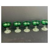 Set of Vintage Green Glass Goblets and Sherbet Dishes with Clear Patterned Bases