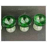 Set of Vintage Green Glass Goblets and Sherbet Dishes with Clear Patterned Bases