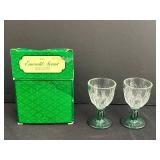 Set of Vintage Green Glass Goblets and Sherbet Dishes with Clear Patterned Bases