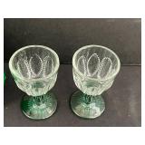 Set of Vintage Green Glass Goblets and Sherbet Dishes with Clear Patterned Bases