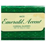 Set of Vintage Green Glass Goblets and Sherbet Dishes with Clear Patterned Bases