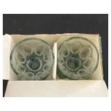 Set of Vintage Green Glass Goblets and Sherbet Dishes with Clear Patterned Bases