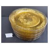 Set of 14 Vintage Amber Depression Glass 9-Inch Plates with Floral Pattern