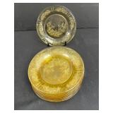 Set of Vintage Amber Depression Glass Plates with Floral Etched Patterns