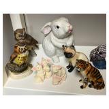 Collection of Animal Figurines Including Enesco Owl, Inarco Rabbit, Siamese Cat, and Pig Sets