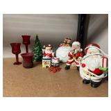 Holiday Collectibles Lot: Santa Figurines, Avon Ceramic Tree, Cheerful Reflections Box, Red Glassware