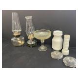 Collection of Vintage Glass Oil Lamps, Compote, Milk Glass Vase, and Candle Holders