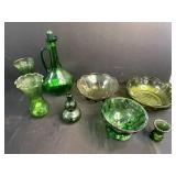 Set of Vintage Green Glass Vases, Bowls, and Decanter Pieces