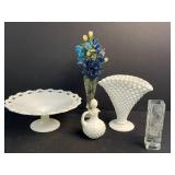 Vintage Milk Glass Hobnail Collection with Pedestal Bowl, Vases and Avon Decanter