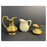 Set of 3 Vintage Pitchers - 2 Brass and 1 Ceramic