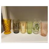 Collection of 6 Vintage Glass Tumblers in Assorted Colors and Designs