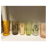 Collection of 6 Vintage Glass Tumblers in Assorted Colors and Designs