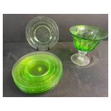 Set of 9 Green Depression Glass Plates with Matching Dessert Cup