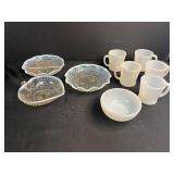 Vintage Anchor Hocking Fire King White Milk Glass Mugs, Bowl, and Hobnail Dishes Set
