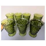 Set of 7 Vintage Green Textured Glass Tumblers