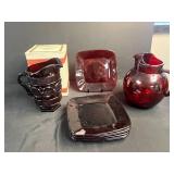 Avon 1876 Cape Cod Collection Ruby Red Glass Pitchers and Plates Set