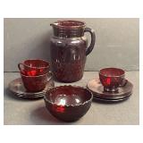 Vintage Ruby Red Glass Pitcher Set with Cups, Saucers, and Bowl