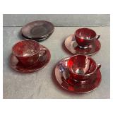Vintage Ruby Red Glass Pitcher Set with Cups, Saucers, and Bowl