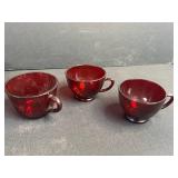 Vintage Ruby Red Glass Pitcher Set with Cups, Saucers, and Bowl