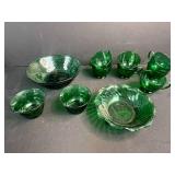Vintage Green Depression Glass Serving Set with Cups and Bowls