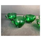 Vintage Green Depression Glass Serving Set with Cups and Bowls