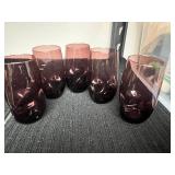 Set of Purple Glass Tumblers and Etched Clear Glasses