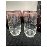 Set of Purple Glass Tumblers and Etched Clear Glasses