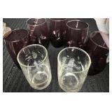 Set of Purple Glass Tumblers and Etched Clear Glasses