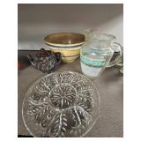Vintage Kitchenware Collection: Mixing Bowl, Glass Pitcher, Decorative Glass Plate, and Teapot