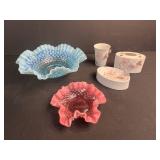 Collection of Hobnail Glass Bowls and Porcelain Floral Bathroom Accessories