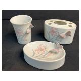 Collection of Hobnail Glass Bowls and Porcelain Floral Bathroom Accessories