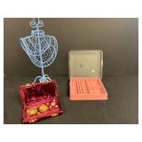 Assorted Jewelry Display Lot with Vintage Balance Scale, Velvet Case, Blue Mannequin, and Jewelry Tray