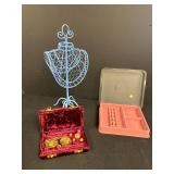 Assorted Jewelry Display Lot with Vintage Balance Scale, Velvet Case, Blue Mannequin, and Jewelry Tray