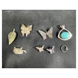 Set of 6 Alpaca Abalone Inlay Brooches and Pendants - Butterfly, Turtle, Leaf Designs