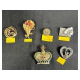 Collection of 6 Vintage Costume Brooches and Pins Including Crown, Cat, Mosaic, and Floral Designs