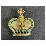 Collection of 6 Vintage Costume Brooches and Pins Including Crown, Cat, Mosaic, and Floral Designs