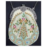 Vintage Beaded Floral Handbag with Silver Tone Frame