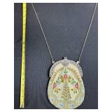 Vintage Beaded Floral Handbag with Silver Tone Frame