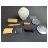 Assorted Vintage Vanity Accessories and Decorative Hobnail Glass Jar