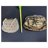 Set of 2 Vintage Evening Clutches - Beaded Purse and Gold Metallic Clutch