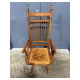 Antique Oak Wood Glider Rocking Chair with Ornate Cushion