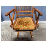 Antique Oak Wood Glider Rocking Chair with Ornate Cushion