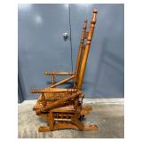 Antique Oak Wood Glider Rocking Chair with Ornate Cushion